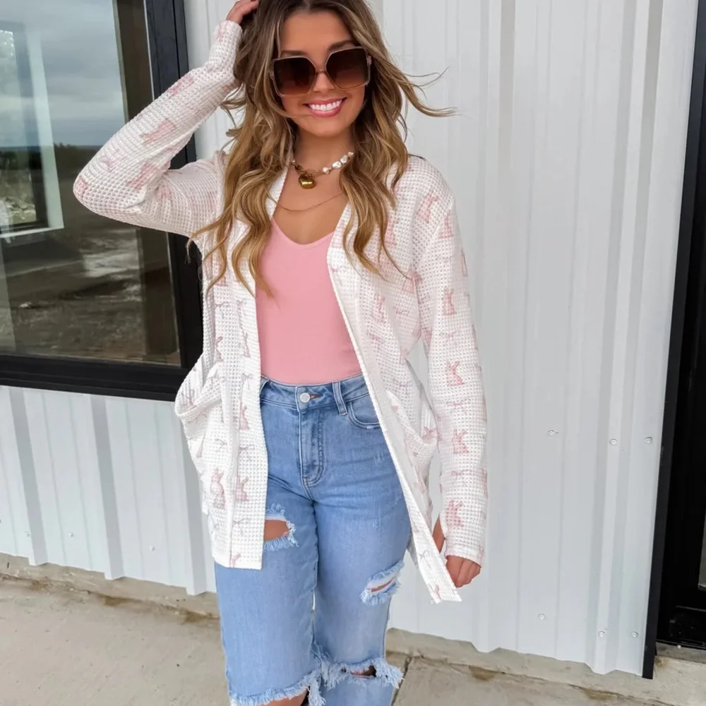 The Lola Cardigan White and Pink Bunny Bow Print - Picture 2 of 4